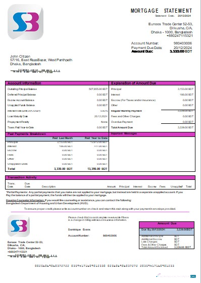 Download Bangladesh SB bank mortgage statement scr Photoshop template